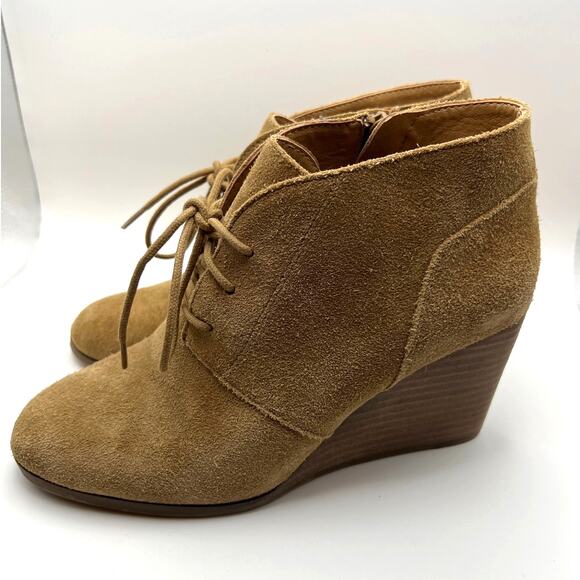 Lucky Brand Shoes - Lucky Brand Shylow Suede Wedge Booties Tan Lace Up Side Zip Boots Women 7.5